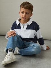 Reiss Navy Abigail 4-9 yrs Oversized Cotton Striped Open-Collar Rugby Top - Image 3 of 5