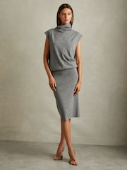 Reiss Grey Hester Petite Knitted Wool-Cashmere Blouson Top Midi Dress - Image 3 of 6