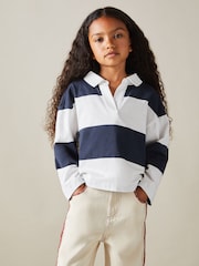 Reiss Navy Abigail 9-13 yrs Oversized Cotton Striped Open-Collar Rugby Top - Image 1 of 4
