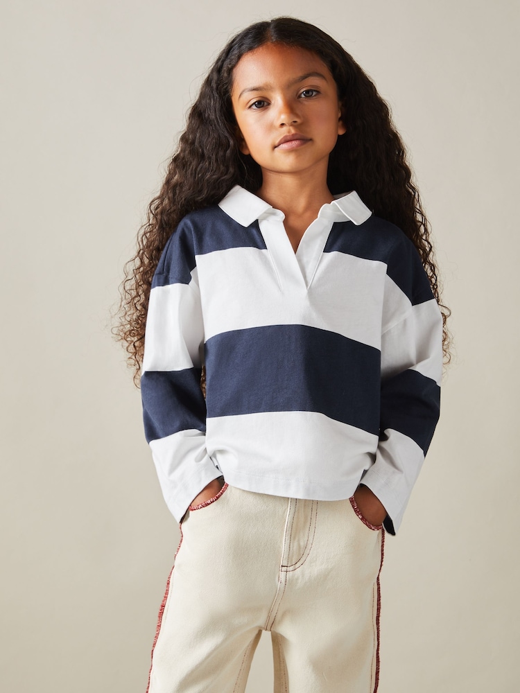 Reiss Navy Abigail 9-13 yrs Oversized Cotton Striped Open-Collar Rugby Top - Image 1 of 4