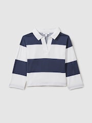 Reiss Navy Abigail 9-13 yrs Oversized Cotton Striped Open-Collar Rugby Top - Image 2 of 4