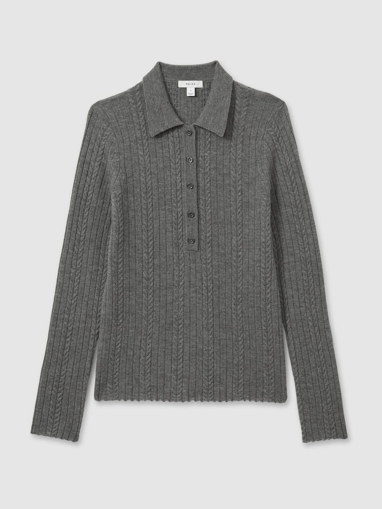Reiss Charcoal Jade Wool Cable Knit Polo Neck Jumper - Image 2 of 6