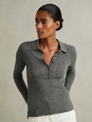 Reiss Charcoal Jade Wool Cable Knit Polo Neck Jumper - Image 3 of 6