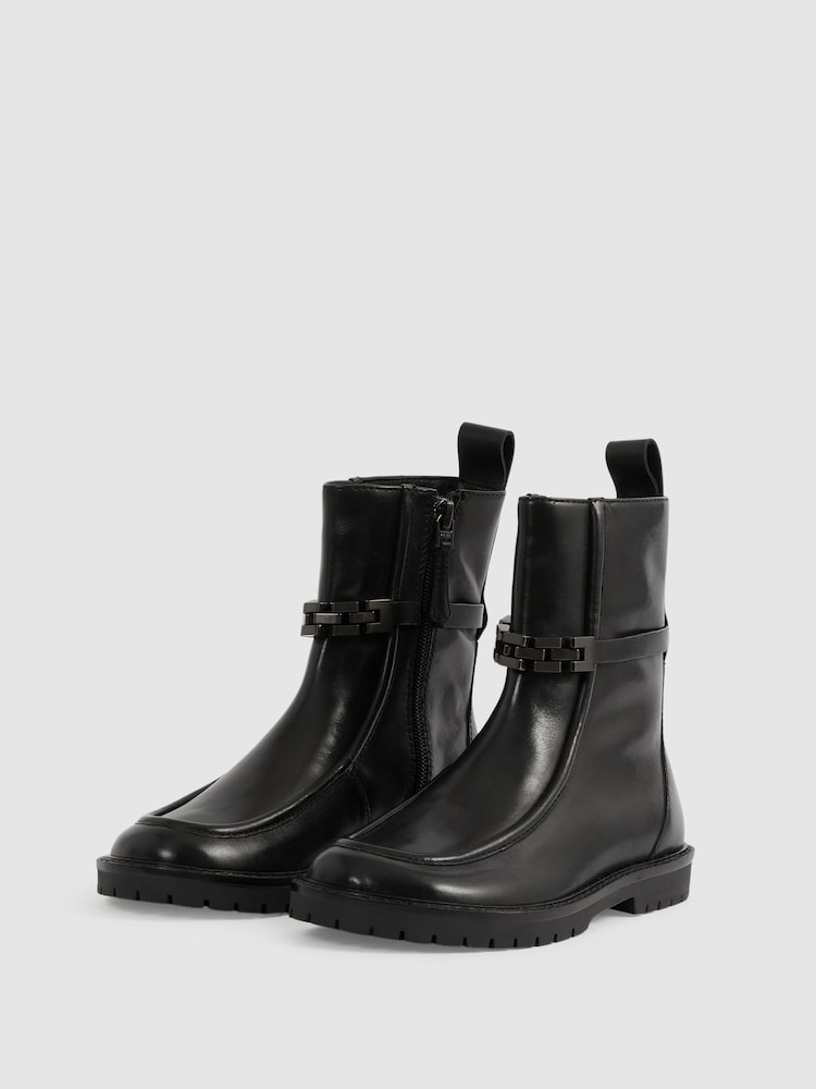 Reiss Black Safia Leather Chain-Strap Ankle Boots - Image 3 of 5