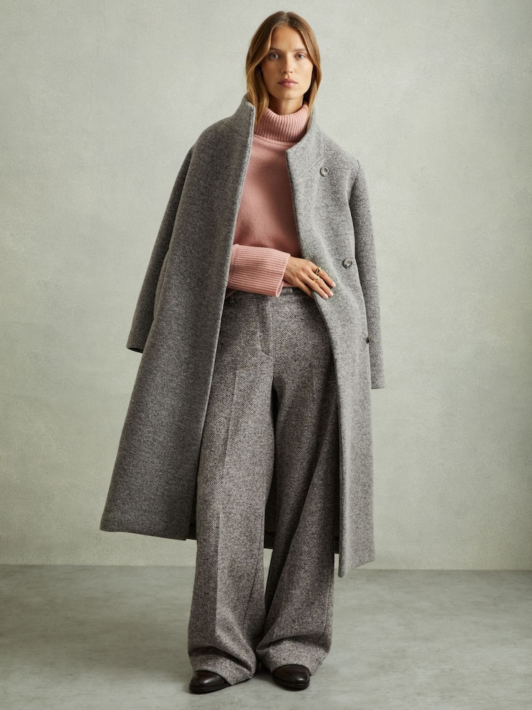 Reiss Grey Belle Textured Wool Blend Wide Leg Suit Trousers - Image 1 of 6