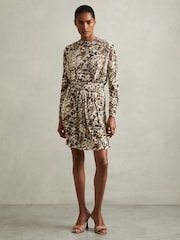 Reiss Khaki/Cream Jala Wool-Blend Floral-Print Jersey Dress - Image 1 of 6