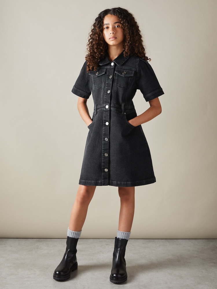 Reiss Grey Natalia 13-14 yrs Button-Front Denim Dress - Image 2 of 4