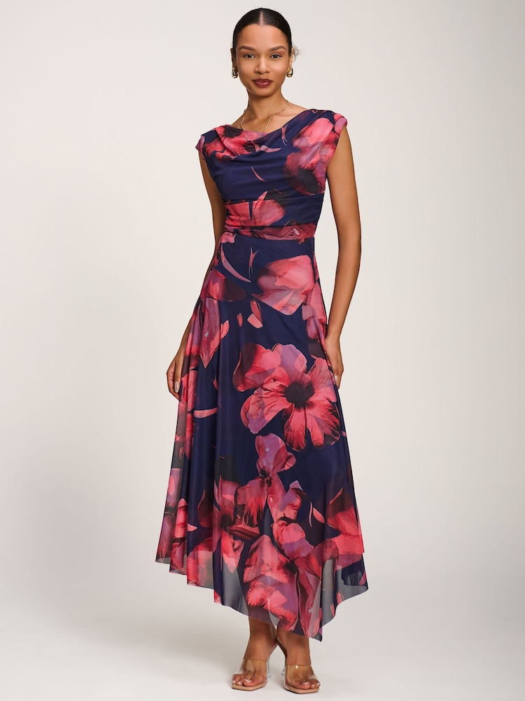 Jolie Moi Blue Asymmetrical Draped Mesh Maxi Dress - Image 1 of 6 Jolie Moi Blue Asymmetrical Draped Mesh Maxi Dress - Image 1 of 6