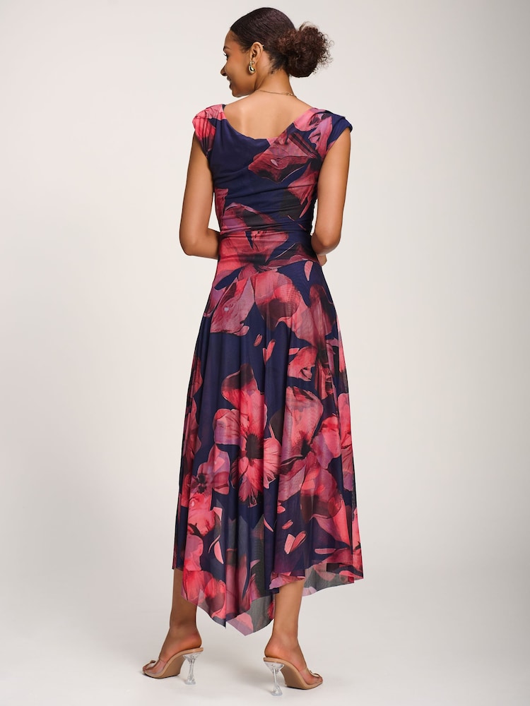 Jolie Moi Blue Asymmetrical Draped Mesh Maxi Dress - Image 2 of 6 Jolie Moi Blue Asymmetrical Draped Mesh Maxi Dress - Image 2 of 6