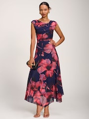 Jolie Moi Blue Asymmetrical Draped Mesh Maxi Dress - Image 5 of 6