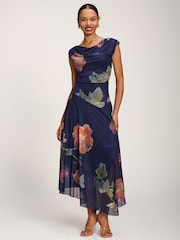 Jolie Moi Blue Asymmetrical Draped Mesh Maxi Dress - Image 1 of 6
