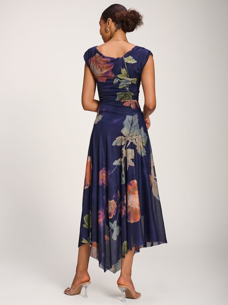 Jolie Moi Blue Asymmetrical Draped Mesh Maxi Dress - Image 2 of 6 Jolie Moi Blue Asymmetrical Draped Mesh Maxi Dress - Image 2 of 6