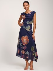 Jolie Moi Blue Asymmetrical Draped Mesh Maxi Dress - Image 5 of 6