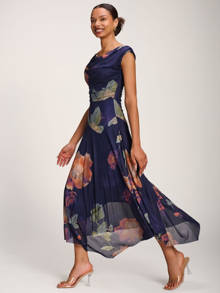 Jolie Moi Blue Asymmetrical Draped Mesh Maxi Dress - Image 6 of 6 Jolie Moi Blue Asymmetrical Draped Mesh Maxi Dress - Image 6 of 6