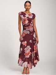 Jolie Moi Red Asymmetrical Draped Mesh Maxi Dress - Image 1 of 6