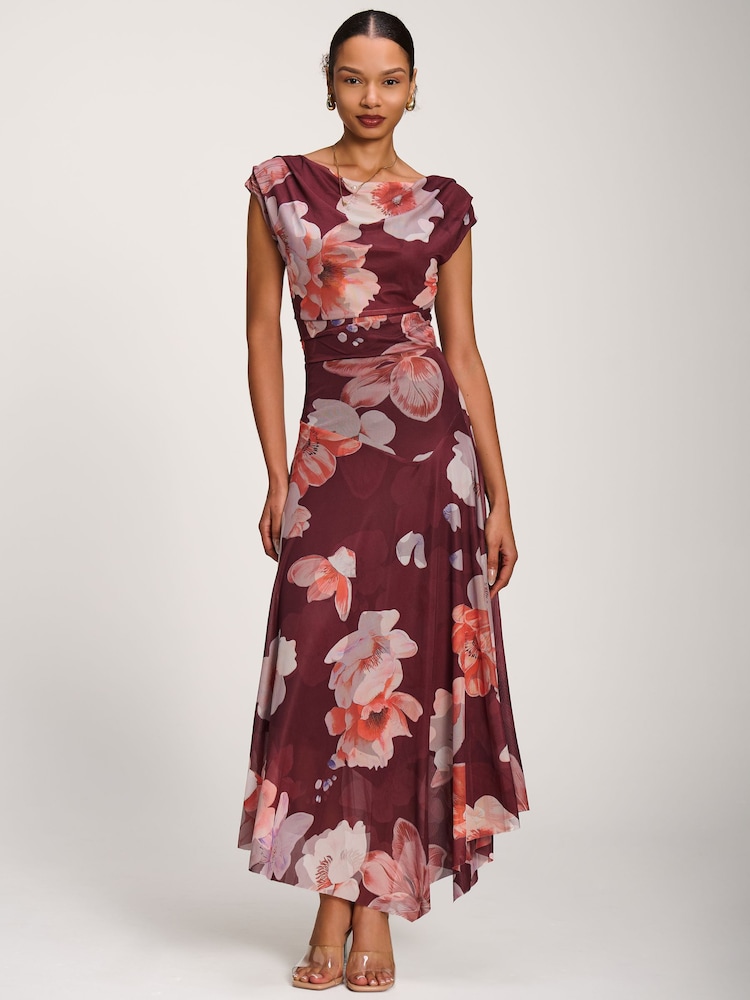 Jolie Moi Red Asymmetrical Draped Mesh Maxi Dress - Image 1 of 6 Jolie Moi Red Asymmetrical Draped Mesh Maxi Dress - Image 1 of 6