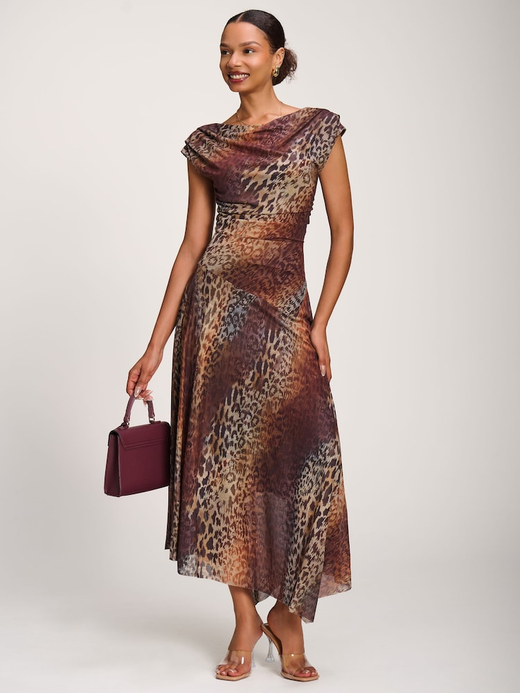 Jolie Moi Brown Asymmetrical Draped Mesh Maxi Dress - Image 1 of 6