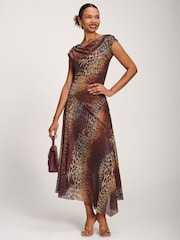 Jolie Moi Brown Asymmetrical Draped Mesh Maxi Dress - Image 5 of 6