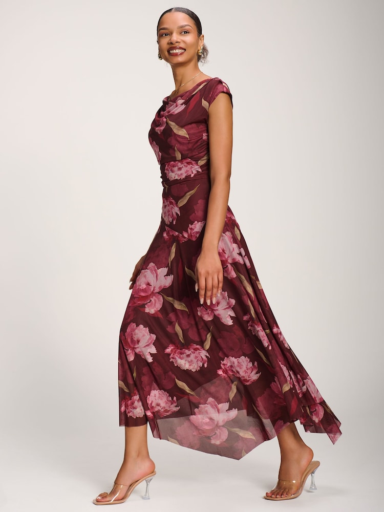 Jolie Moi Red Asymmetrical Draped Mesh Maxi Dress - Image 2 of 6 Jolie Moi Red Asymmetrical Draped Mesh Maxi Dress - Image 2 of 6