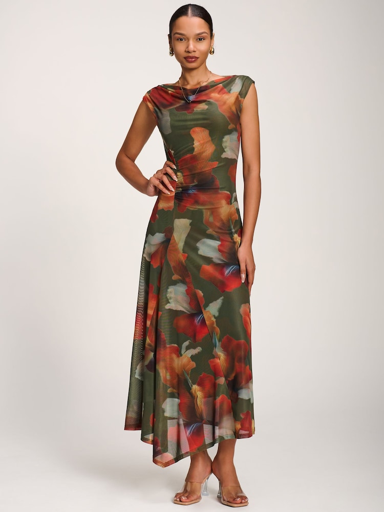 Jolie Moi Green Asymmetric Draped Mesh Maxi Dress - Image 1 of 6 Jolie Moi Green Asymmetric Draped Mesh Maxi Dress - Image 1 of 6
