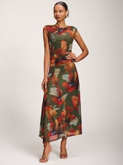 Jolie Moi Green Asymmetric Draped Mesh Maxi Dress - Image 2 of 6