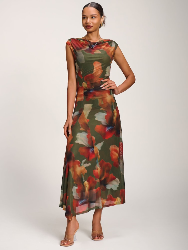 Jolie Moi Green Asymmetric Draped Mesh Maxi Dress - Image 2 of 6 Jolie Moi Green Asymmetric Draped Mesh Maxi Dress - Image 2 of 6
