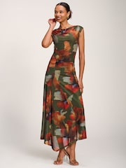 Jolie Moi Green Asymmetric Draped Mesh Maxi Dress - Image 3 of 6