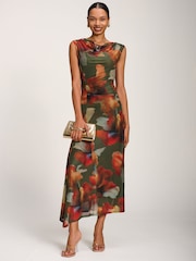Jolie Moi Green Asymmetric Draped Mesh Maxi Dress - Image 4 of 6