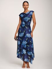 Jolie Moi Blue Asymmetrical Draped Mesh Maxi Dress - Image 1 of 6