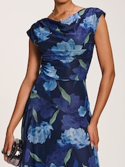 Jolie Moi Blue Asymmetrical Draped Mesh Maxi Dress - Image 3 of 6