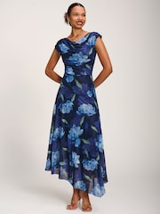 Jolie Moi Blue Asymmetrical Draped Mesh Maxi Dress - Image 4 of 6