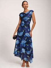 Jolie Moi Blue Asymmetrical Draped Mesh Maxi Dress - Image 5 of 6