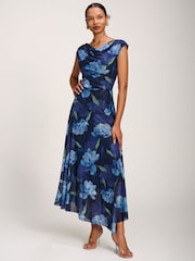 Jolie Moi Blue Asymmetrical Draped Mesh Maxi Dress - Image 6 of 6