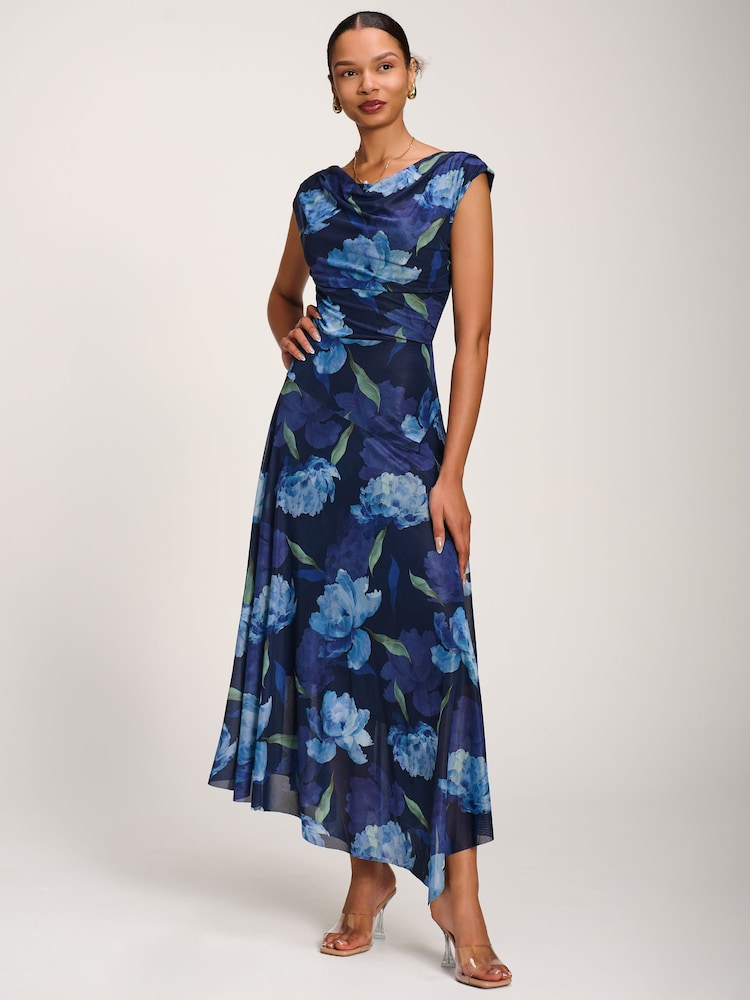 Jolie Moi Blue Asymmetrical Draped Mesh Maxi Dress - Image 6 of 6