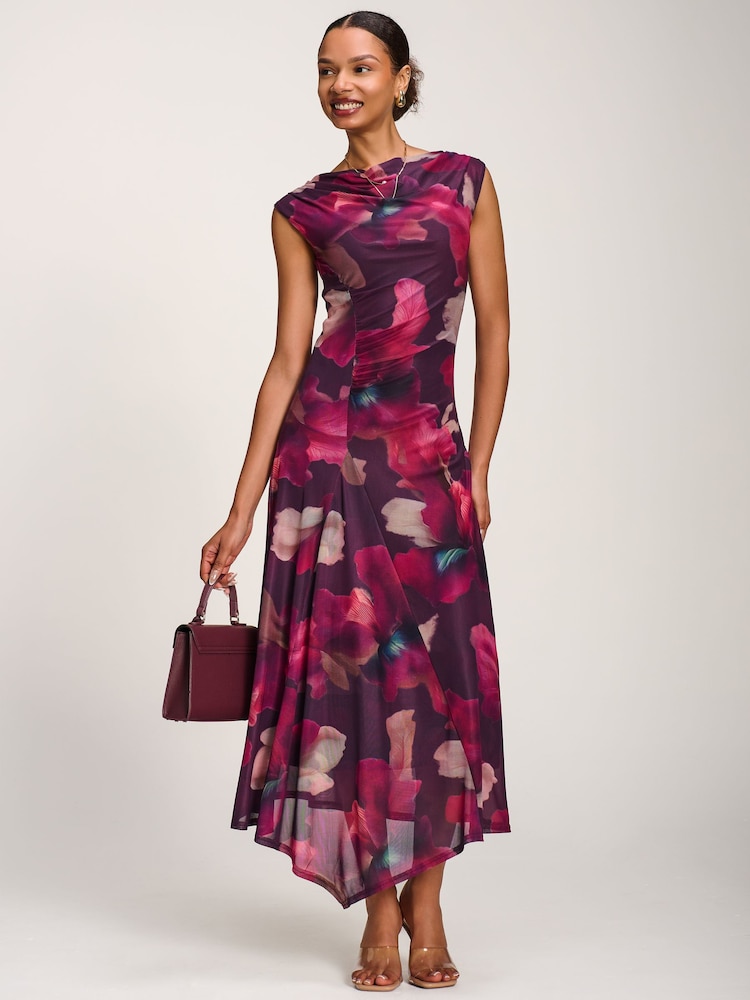 Jolie Moi Red Asymmetric Draped Mesh Maxi Dress - Image 1 of 6 Jolie Moi Red Asymmetric Draped Mesh Maxi Dress - Image 1 of 6