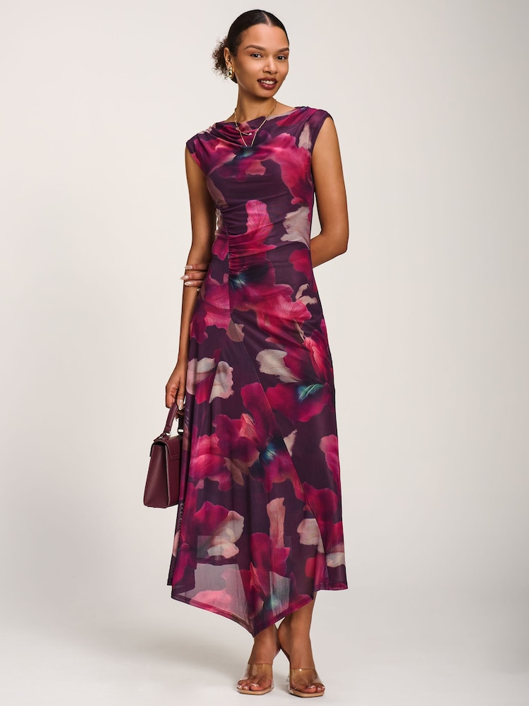 Jolie Moi Red Asymmetric Draped Mesh Maxi Dress - Image 2 of 6 Jolie Moi Red Asymmetric Draped Mesh Maxi Dress - Image 2 of 6