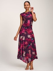 Jolie Moi Red Asymmetric Draped Mesh Maxi Dress - Image 4 of 6