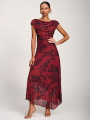 Jolie Moi Red Asymmetrical Draped Mesh Maxi Dress - Image 1 of 6