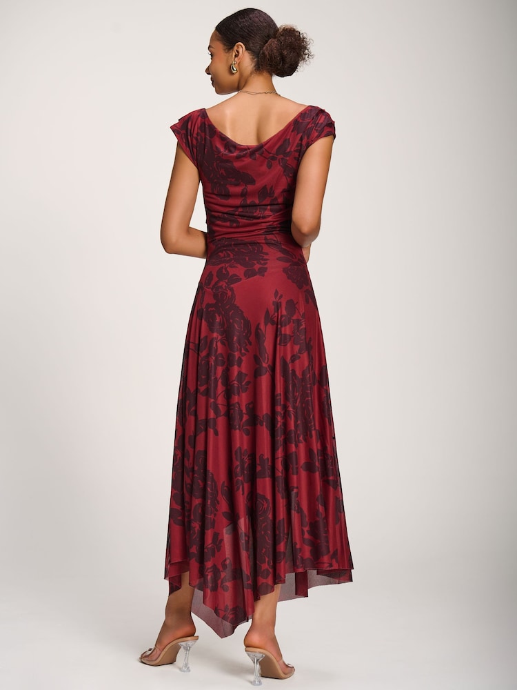 Jolie Moi Red Asymmetrical Draped Mesh Maxi Dress - Image 2 of 6 Jolie Moi Red Asymmetrical Draped Mesh Maxi Dress - Image 2 of 6