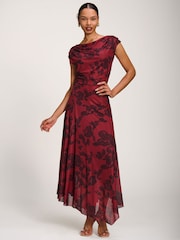Jolie Moi Red Asymmetrical Draped Mesh Maxi Dress - Image 5 of 6