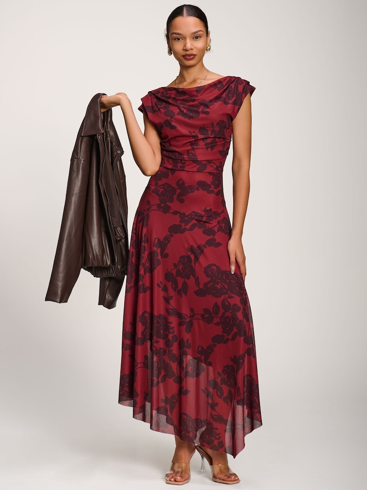 Jolie Moi Red Asymmetrical Draped Mesh Maxi Dress - Image 6 of 6 Jolie Moi Red Asymmetrical Draped Mesh Maxi Dress - Image 6 of 6