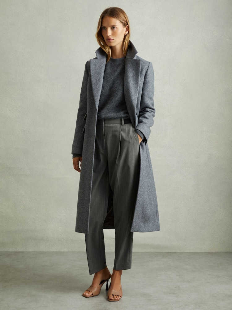 Reiss Grey Flora Pinstripe Waistband Detail Tapered Trousers - Image 1 of 6