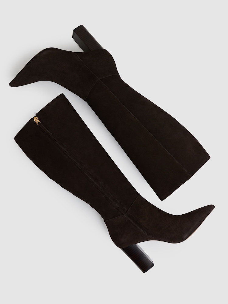 Reiss Chocolate Bianca Block Heel Knee High Boots - Image 2 of 5