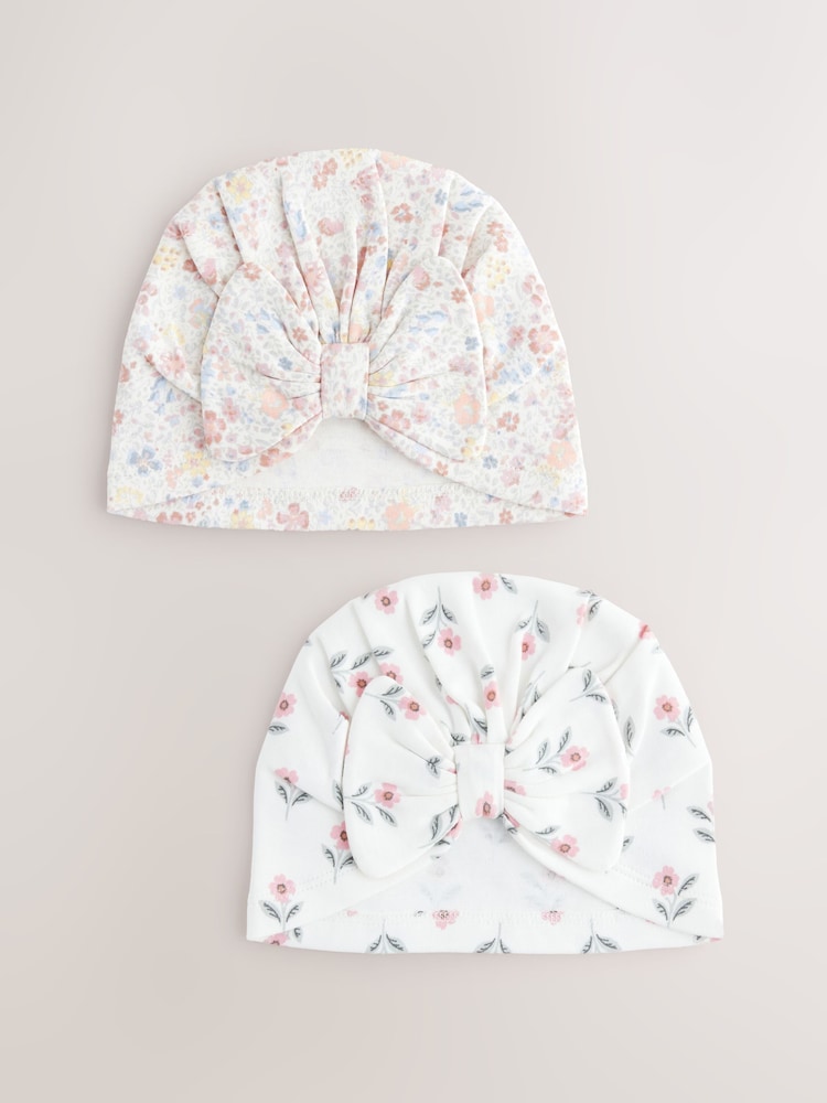 White ditsy Baby Bow Turban 100% Cotton Hats 2 Pack (0mths-2yrs) - Image 1 of 5