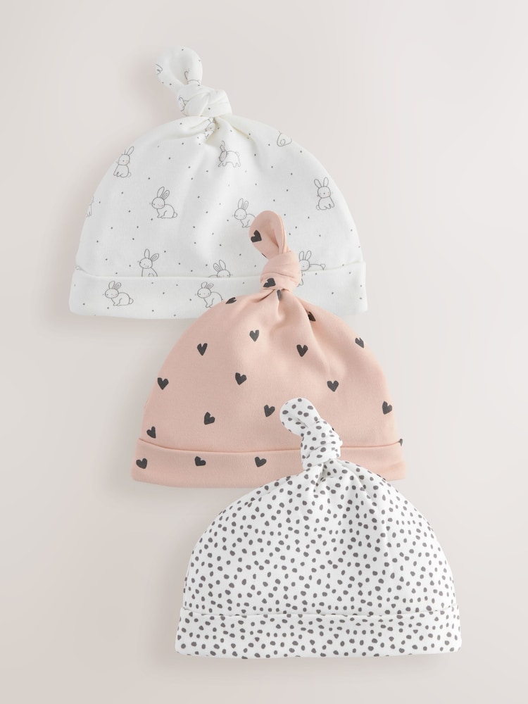 Black/White Bunny 100% Cotton Tie Top Baby Hats 3 Pack (0-12mths) - Image 1 of 1
