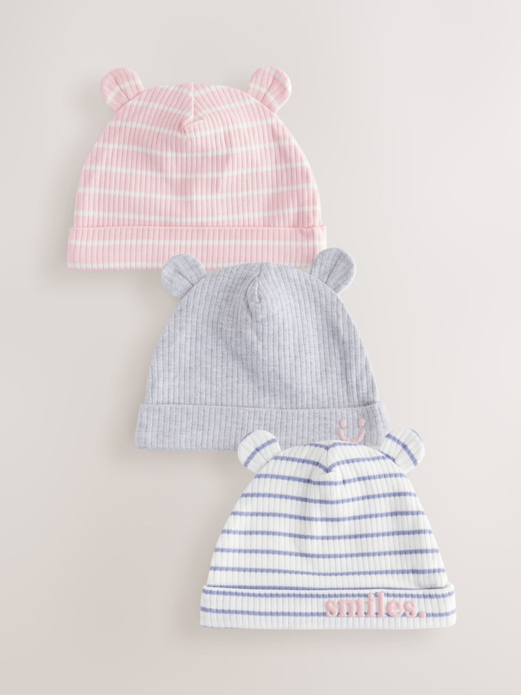 Pink/Grey Baby Beanie 100% Cotton Hats 3 Pack (0-18mths) - Image 1 of 1