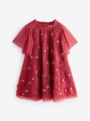 Red Mesh Flower Print  Dress (3mths-7yrs) - Image 1 of 4