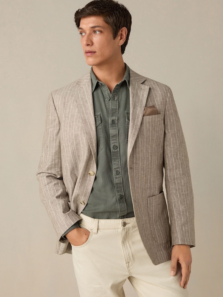 Neutral Cotton Linen Blend Stripe Blazer - Image 1 of 9