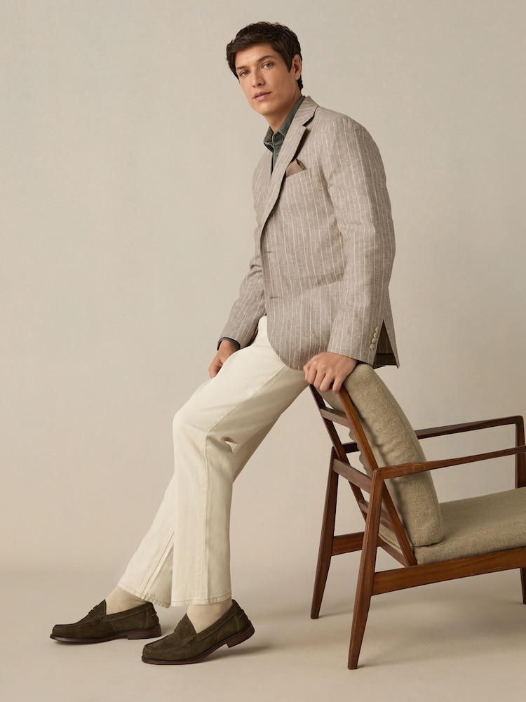 Neutral Cotton Linen Blend Stripe Blazer - Image 2 of 9
