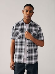 Black & White Short Sleeve Check Twin Pocket Western 100% Cotton Shirt - Image 1 of 8